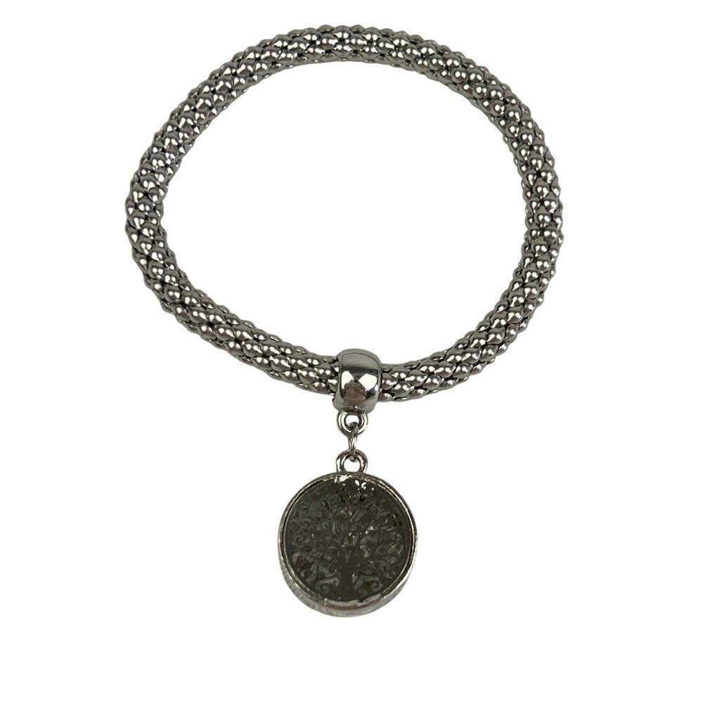 Intricate Silver Tone Tree Of Life Charm Bracelet Braided Adjustable Chain